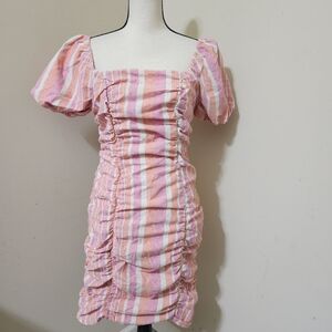 VESTIQUE Verticle Striped Linen Blend Off Shoulder Rouched Mini Dress sz‎ L Pink